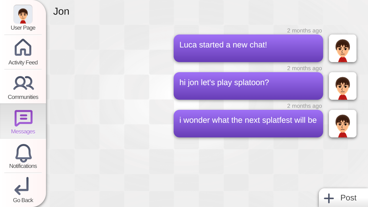 A Juxtaposition DM thread on Wii U. Luca messages Jon about a Splatoon battle. Jon does not respond.