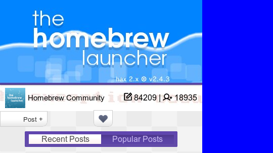 A screenshot of the Homebrew Community on Juxt 3DS, revealing a solid blue background to the right.
