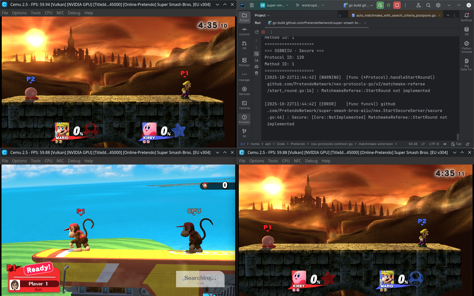 A screenshot with 3 instances of Cemu and an IDE window. Two of the Cemus are in a battle in Smash 4, while the third is in an empty lobby.