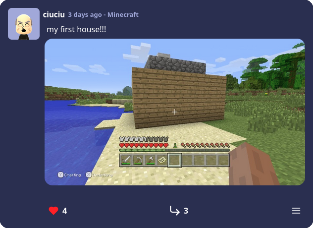 A Juxtapositon post. "my first house!". An image of a Minecraft house is attached.