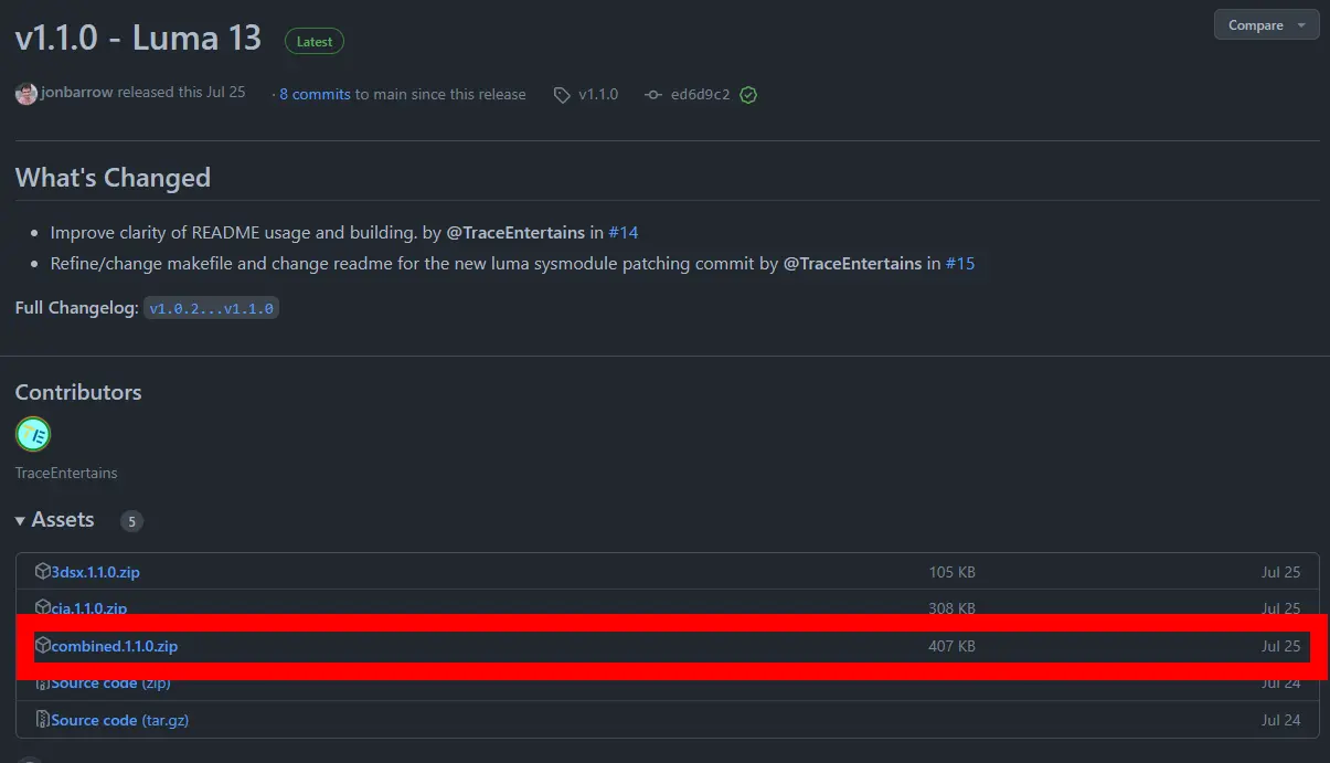 Screenshot of a GitHub release page with the file combined.[version].zip highlighted